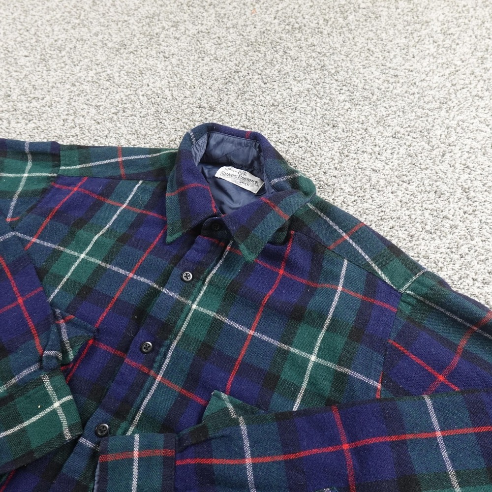 VTG Sears Roebuck Shirt Mens LT Green Blue‎ Tartan Plaid Wool Flannel Button Up